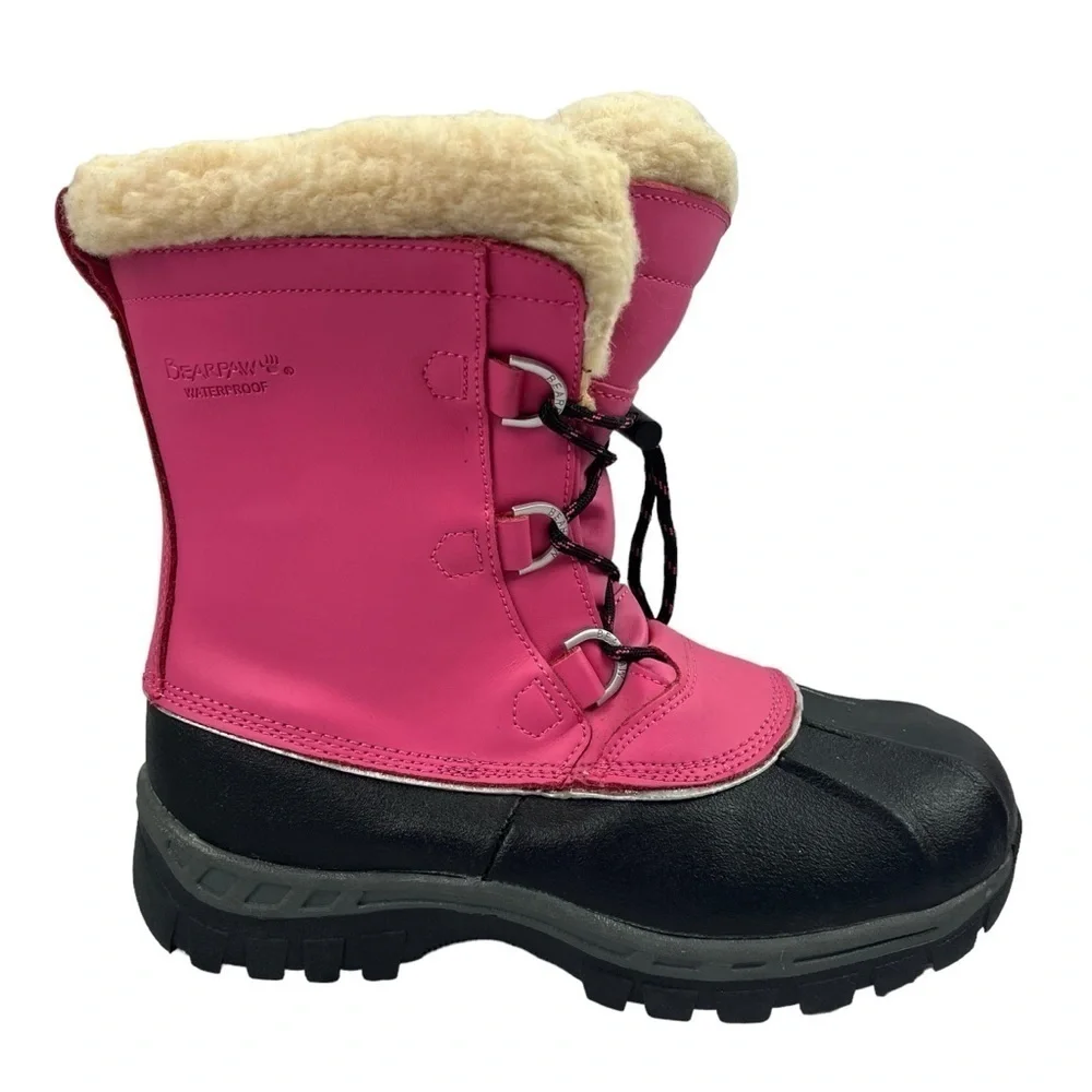 Bearpaw Youth Girls Waterproof Snow Boots Pink Black Sherpa Lined Size 5